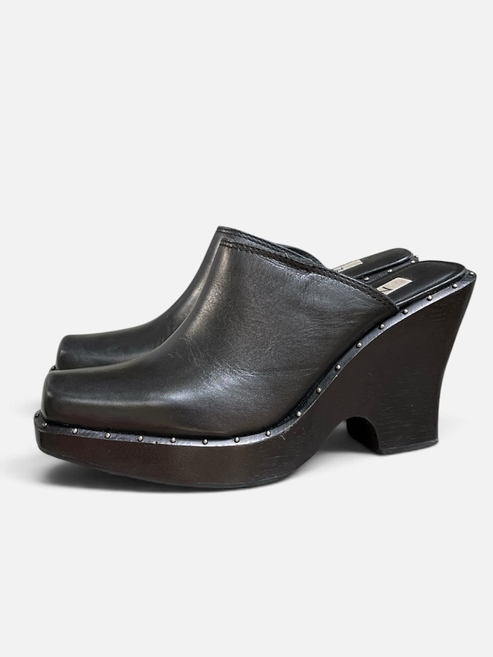 VINTAGE MIA Black Leather Square Toe Studded Wedge Clog/Mule - Size 8 - Picture 1 of 10